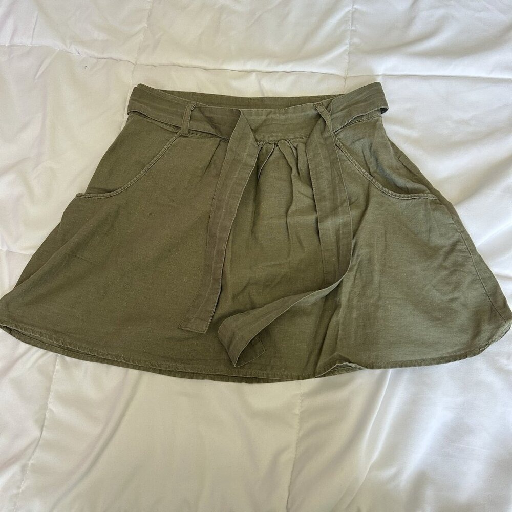 Womens Mini Skirt Small Army Green Tie Pockets Linen Blend Summer Beach Boho